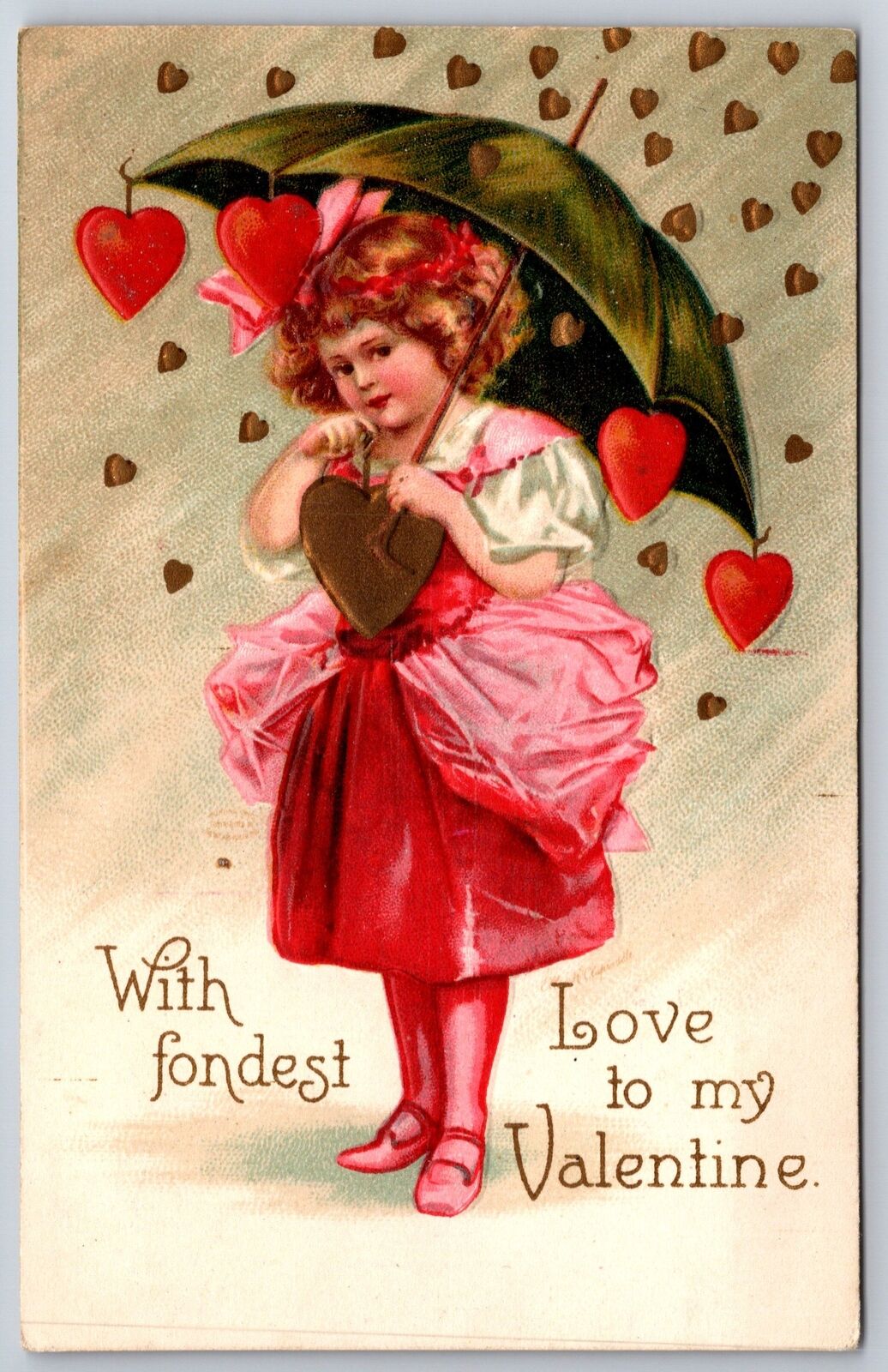 Clapsaddle Valentine Raining Hearts~Victorian Girl in Pink~Umbrella~Gold Emboss