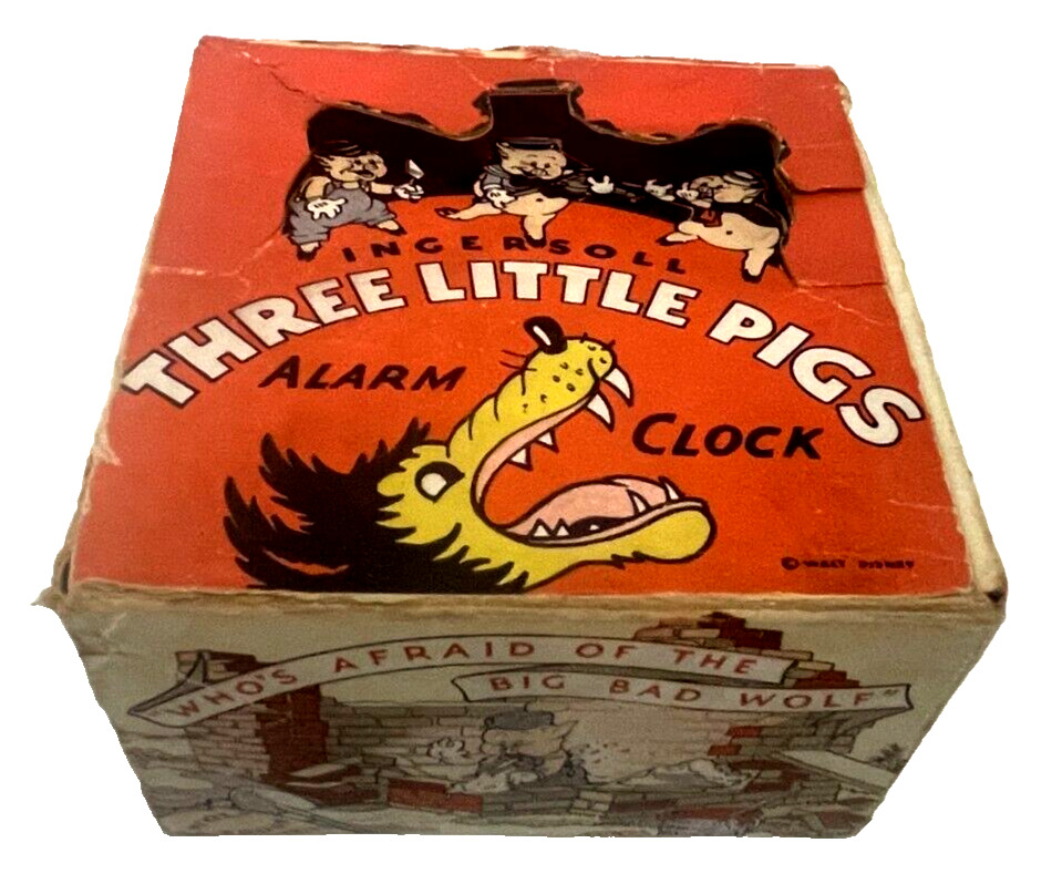 1934 Big Bad Wolf and The Three Little Pigs Alarm Clock With Box, Works