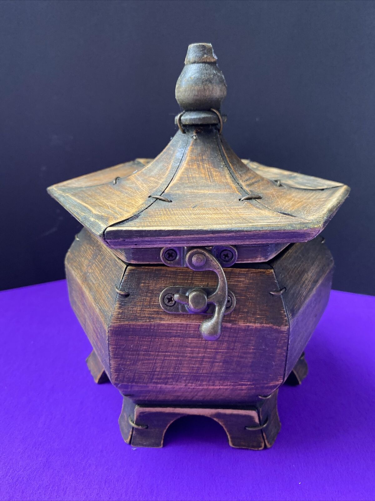 Japanese  Vintage Rare Wooden Pagoda Style Box With Hook Closure Handmade Teak