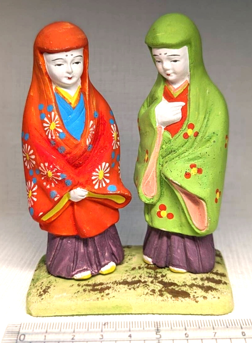 2 Japanese vintage clay dolls lucky charms