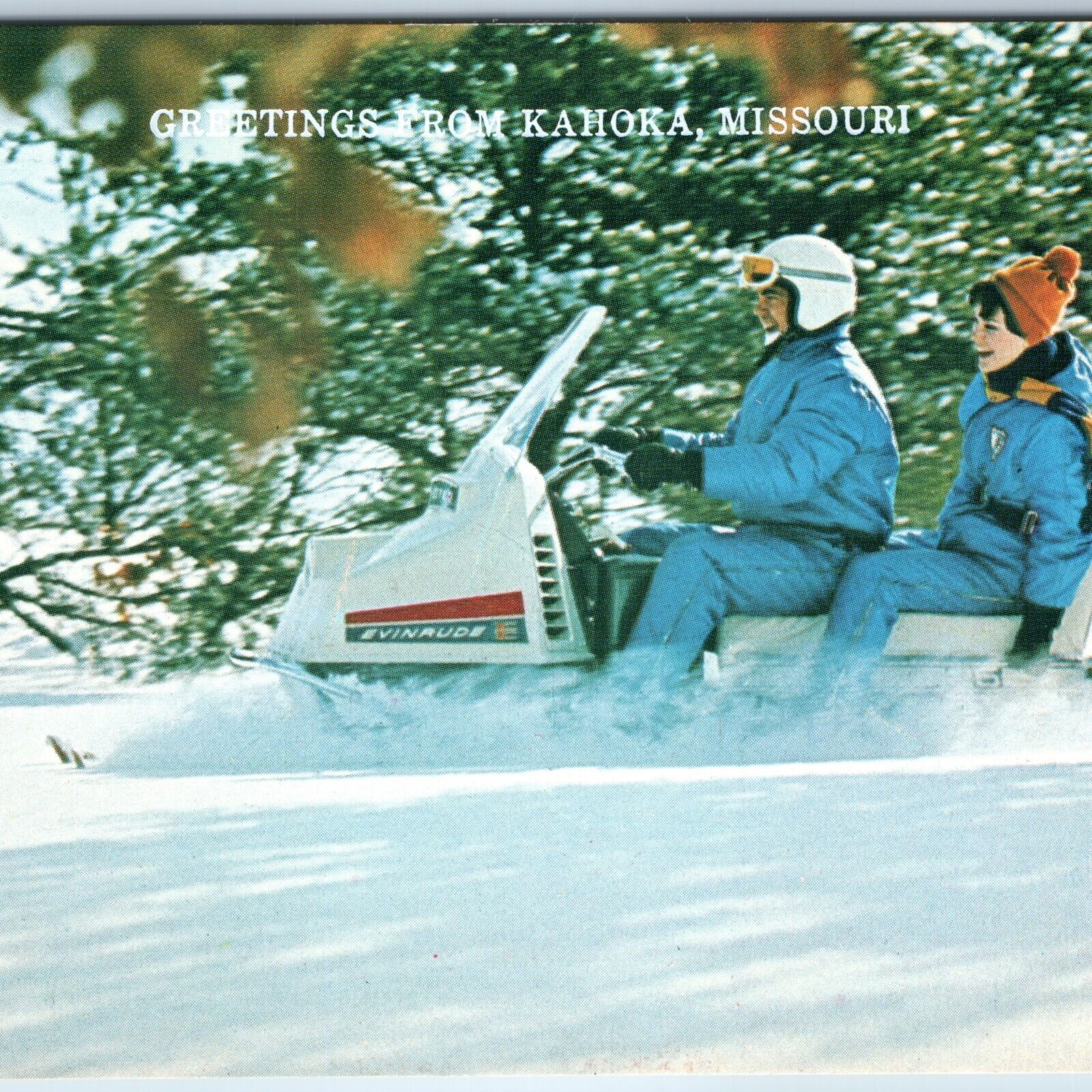 c1960s Greetings Kahoka MO Cute Couple on Evinrude Snowmobile Chorme PC Vtg A235