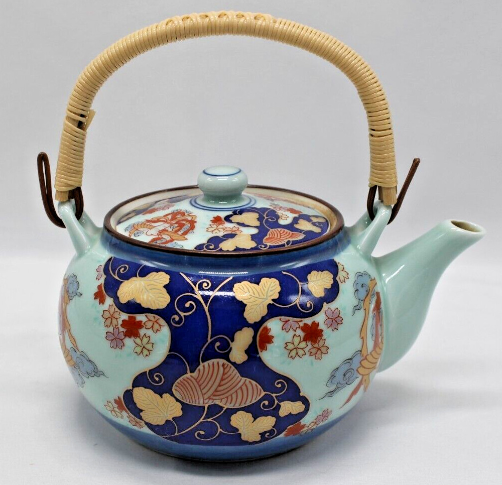 Vtg Arita Japan Hijiriyama Porcelain Teapot Blue Red Gold Fenghuang Phoenix