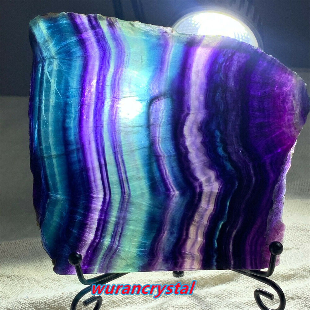 400-500g Natural rainbow Fluorite slice Crystal Mineral specimen +stand gift 1pc