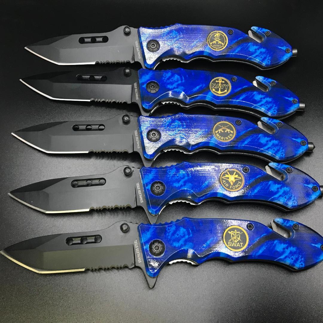 5PCS MILITARY Tactical Blue Quick OpenFolding Pocket Knife 8.25” Survival EDC