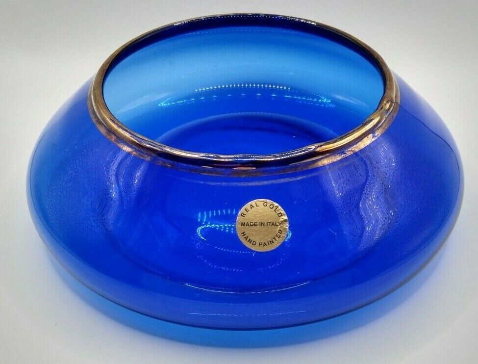 Vintage Mid Modern Italian Blue Cobalt Bowl Rimmed in Gold Round For Fruit Flowe