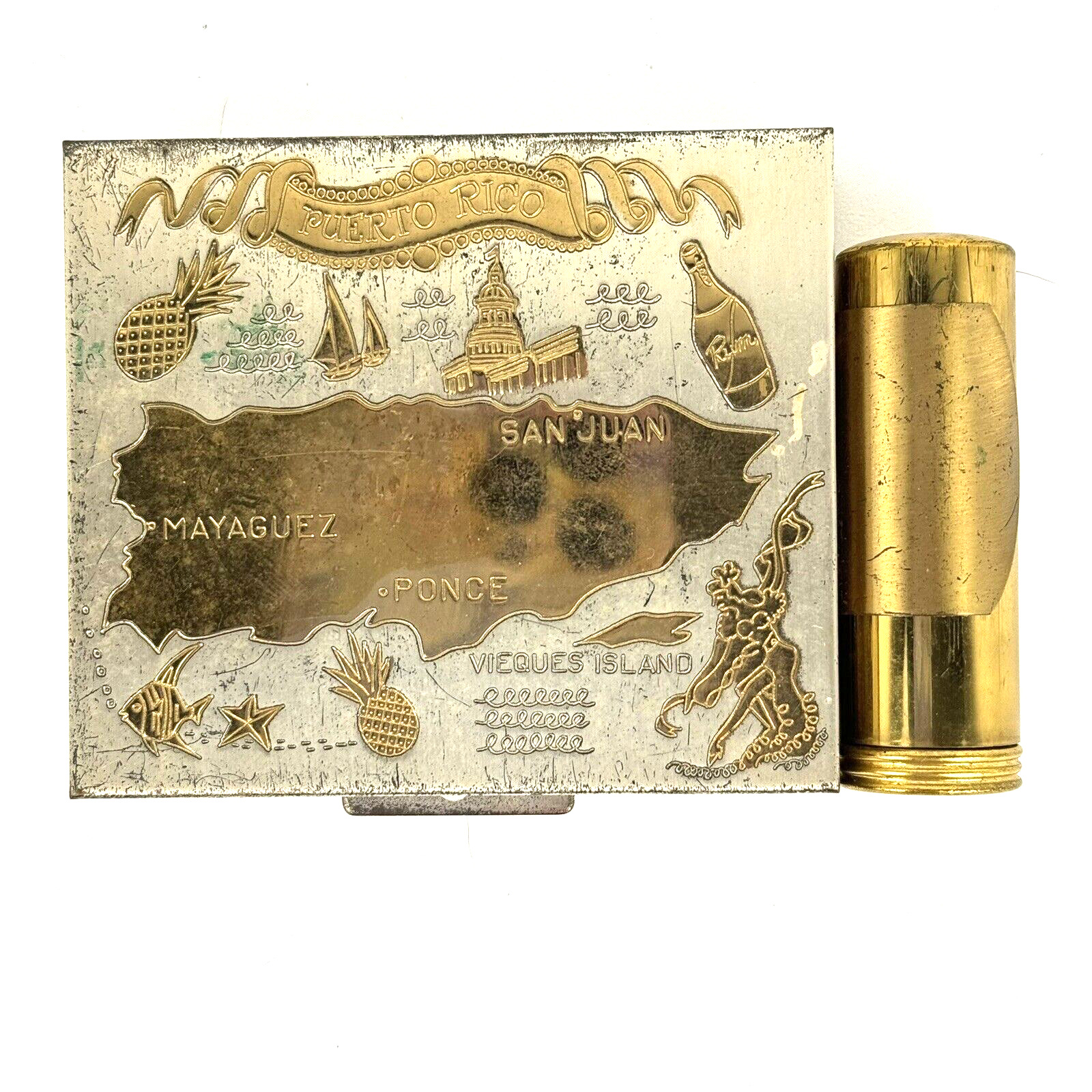 Vintage Puerto Rico Souvenir Metal Powder Compact Ritz Lipstick Gold Silver