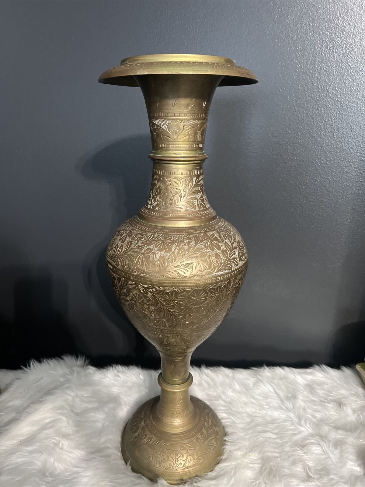 VTG Vase large brass Vintage 20” Etched Floral Design-From India preowned 20in