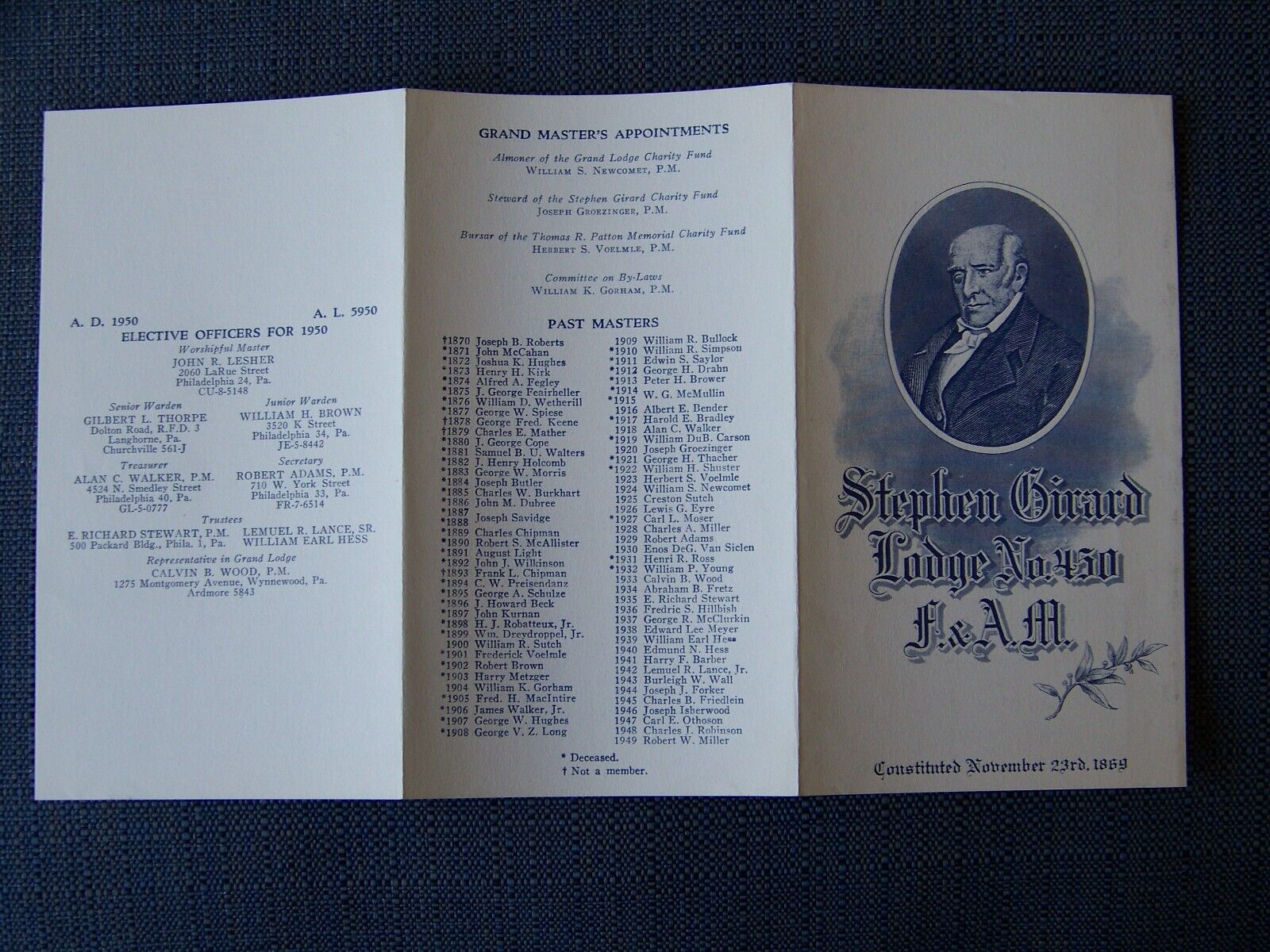 Philadelphia Pennsylvania PA Stephen Girard Free Mason Lodge 450 Masonic 1950