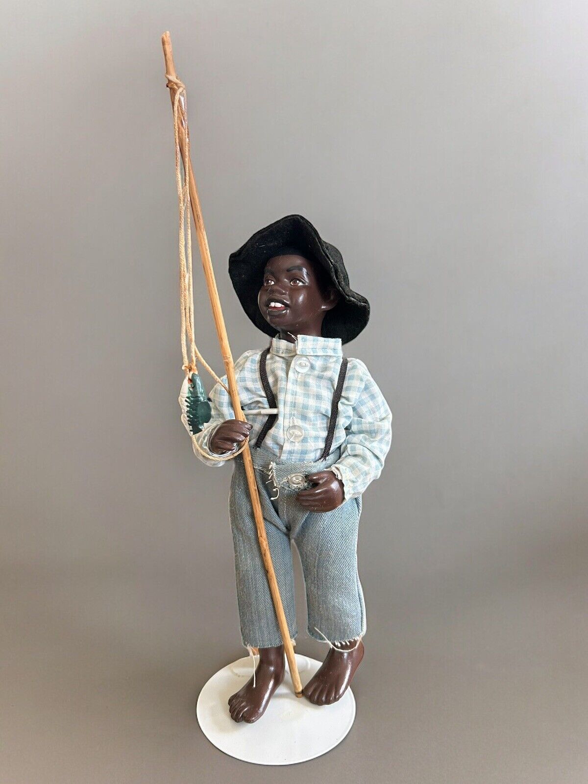 Vintage Ceramic Male Doll Figure Fishing Americana  Jointed Handcrafted Folk Art