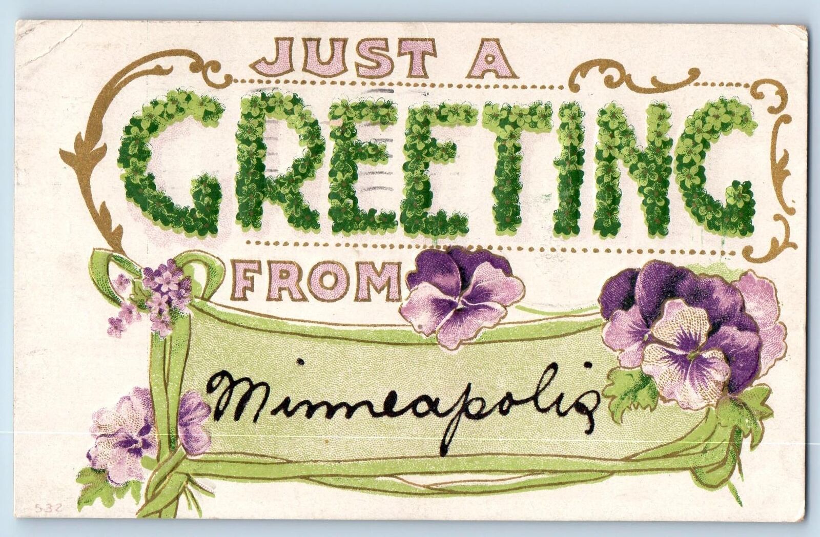 Minneapolis Minnesota Postcard Just A Greeting Flowers And Leaves 1910 Antique
