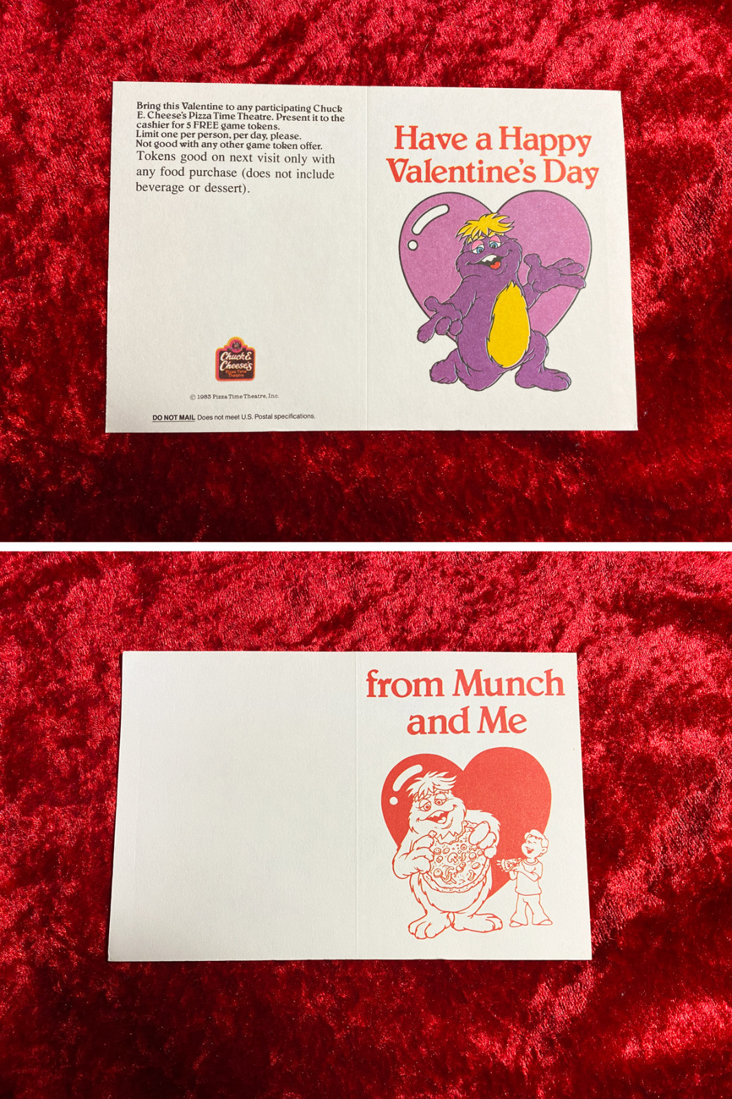 1983 Chuck E. Cheese\'s Pizza Time Theatre Valentine Cards, Unfolded - You Pick