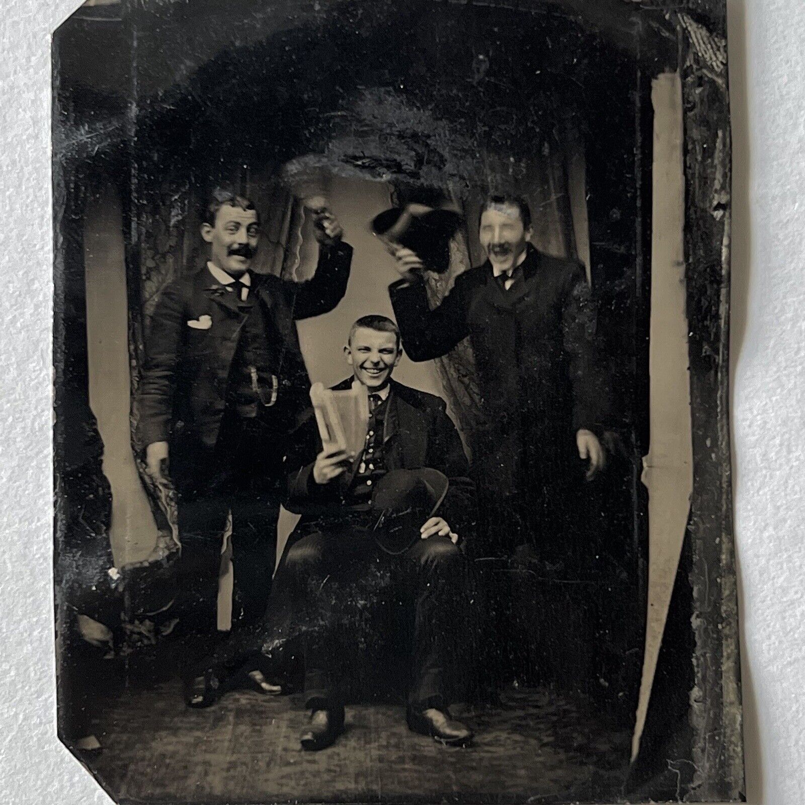 Antique Tintype Photograph Handsome Men Laughing Smiling Having Great Time Odd