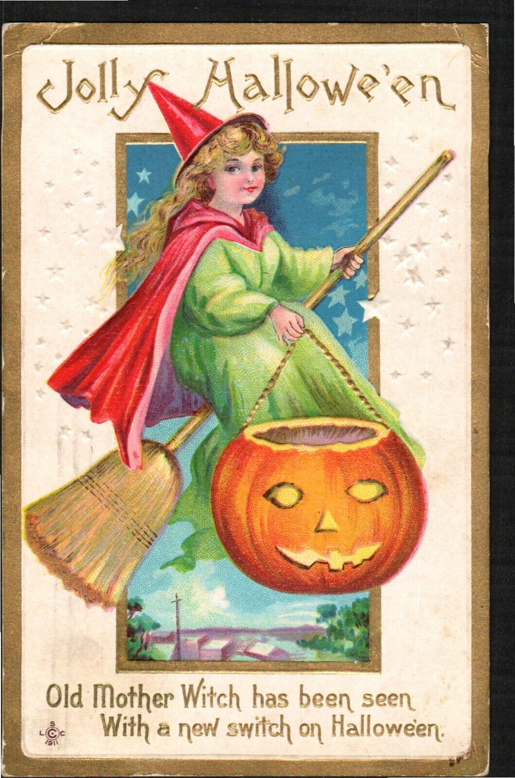 Postcard Halloween Witch on Broom Pumpkin C-1911 Embossed Original