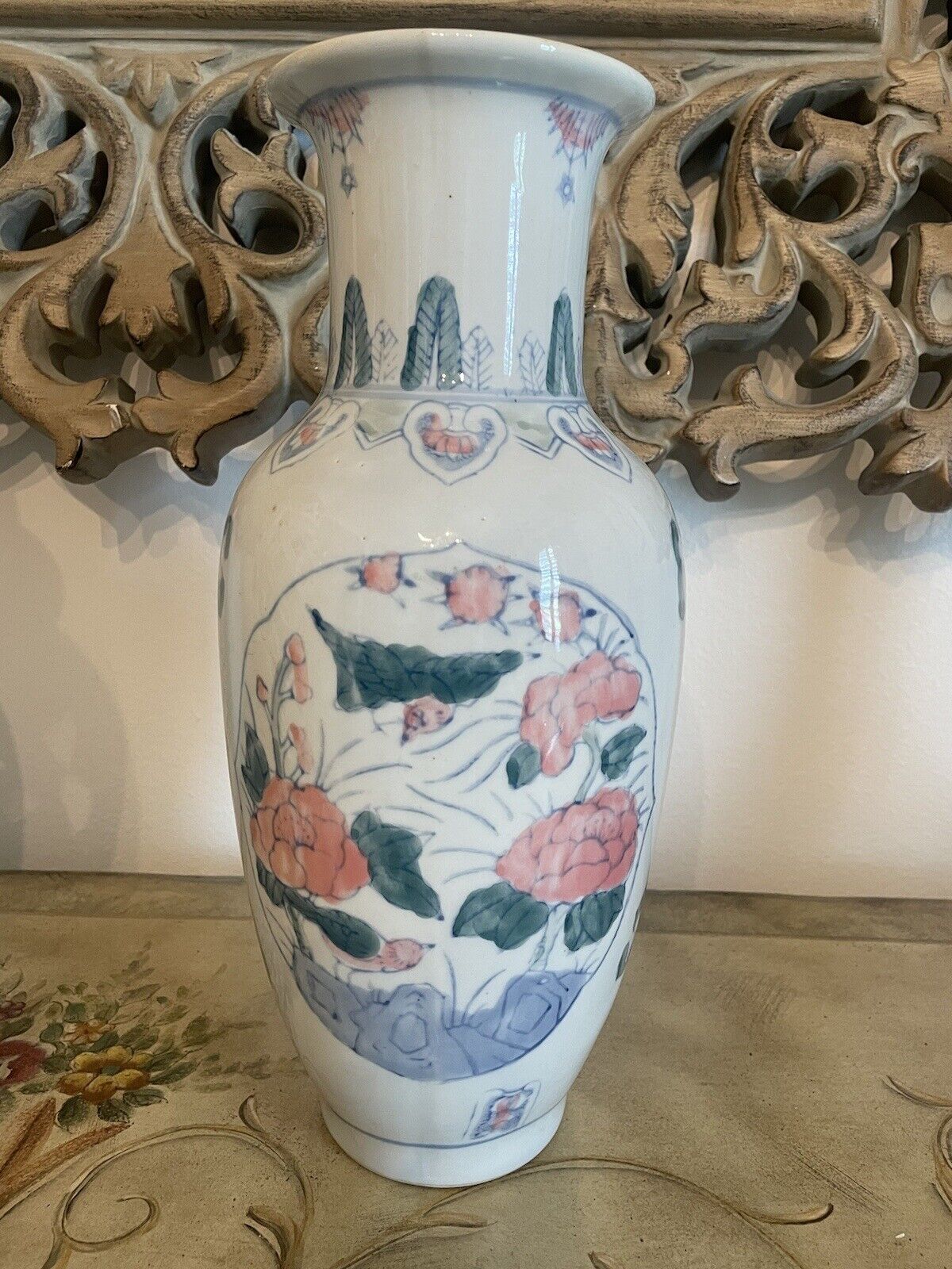 Vintage Chinoiserie Style 14” Vase -Blue, White, And Pink