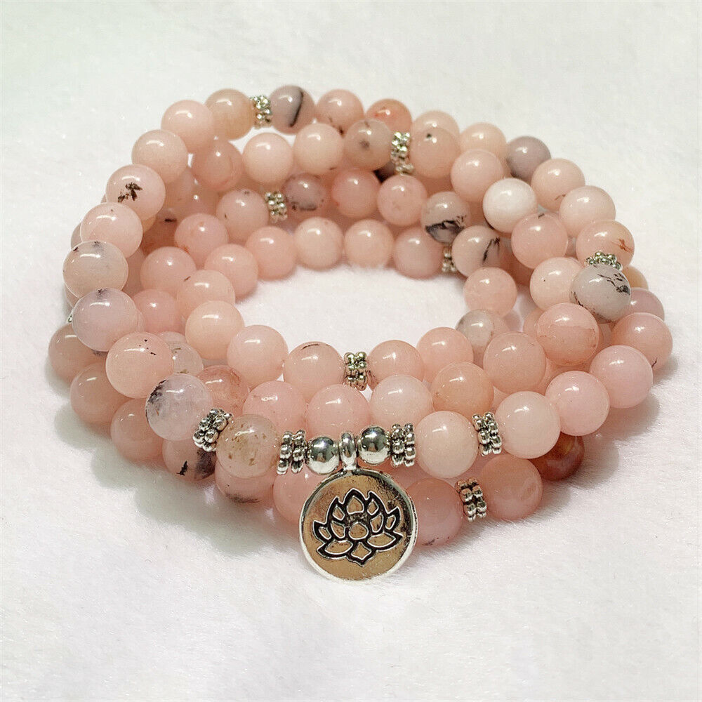 8mm Pink Sunstone Gem 108 Bead Mala Bracelet  pendant Colorful Lucky Yoga Cuff