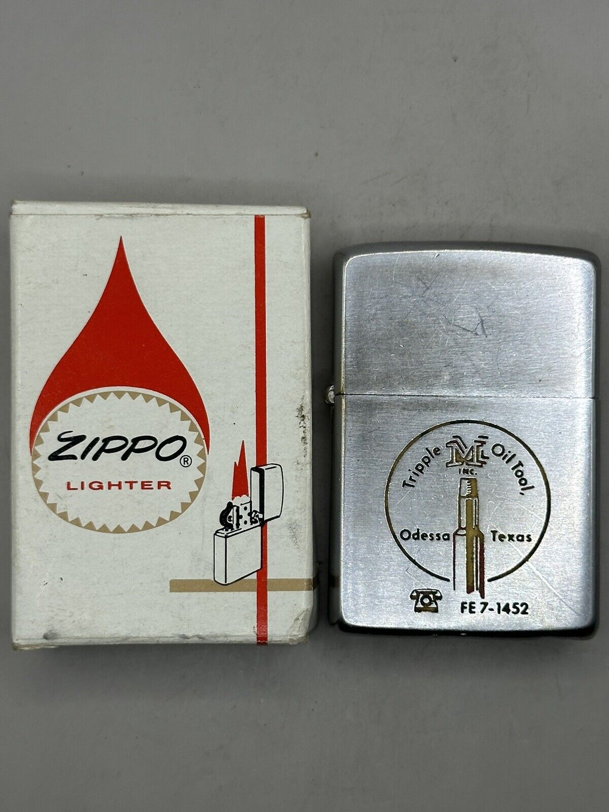 Vintage 1950’s Tripple Oil Tool Odessa TX Zippo Advertising Lighter w/ Box