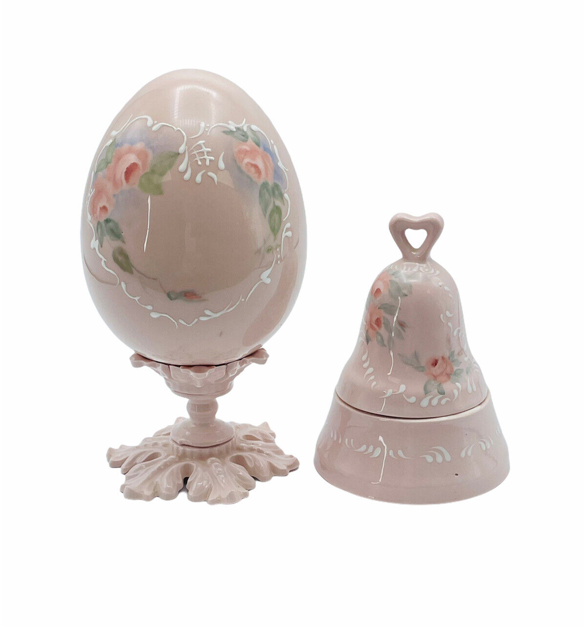 Lot 2 Bell-shaped Trinket Box & Egg on Stand Pink China Handpainted Roses Hearts