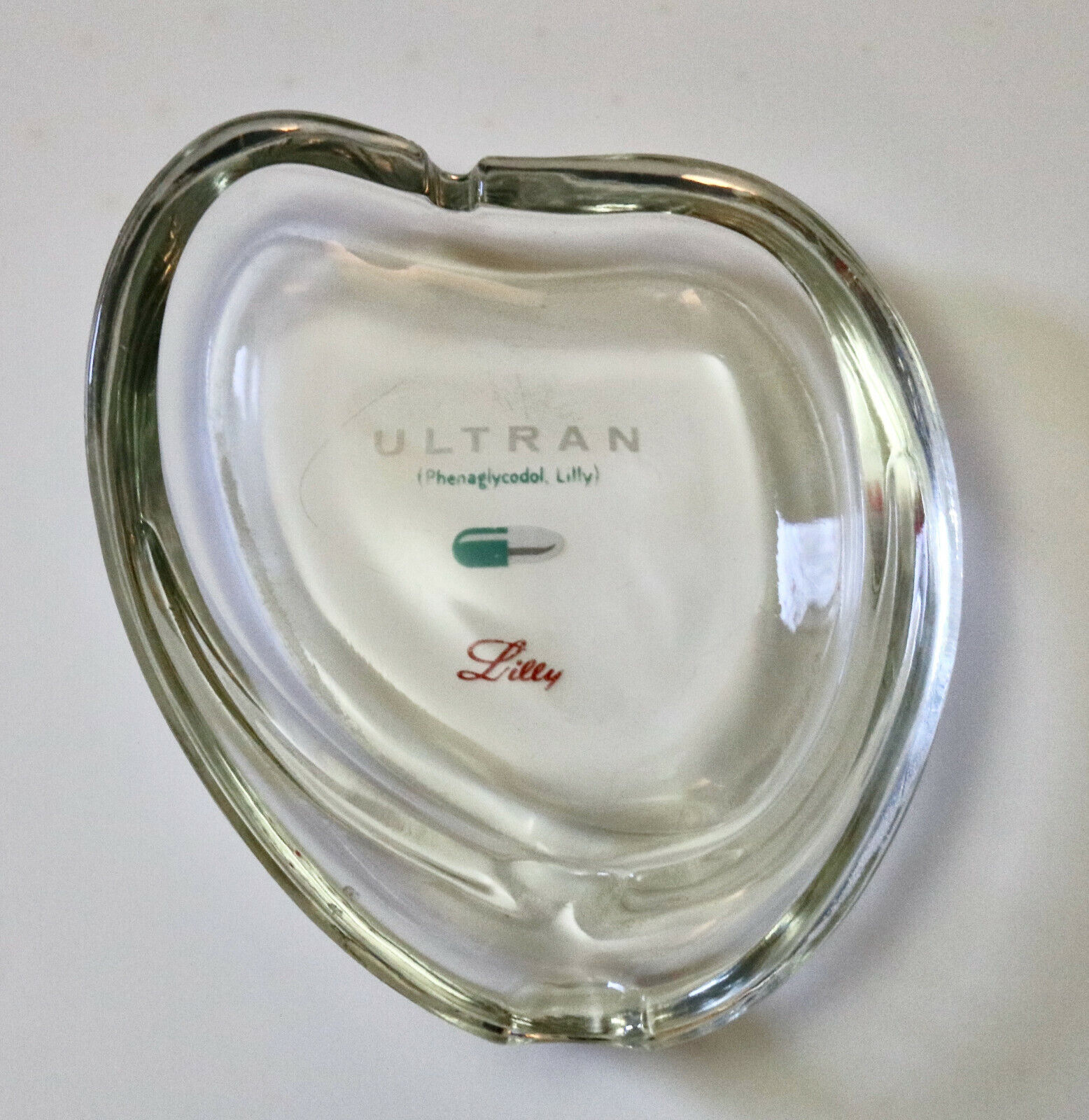 Lilly ULTRAN vintage pharmaceutical advertising paper weight kidney shape glass
