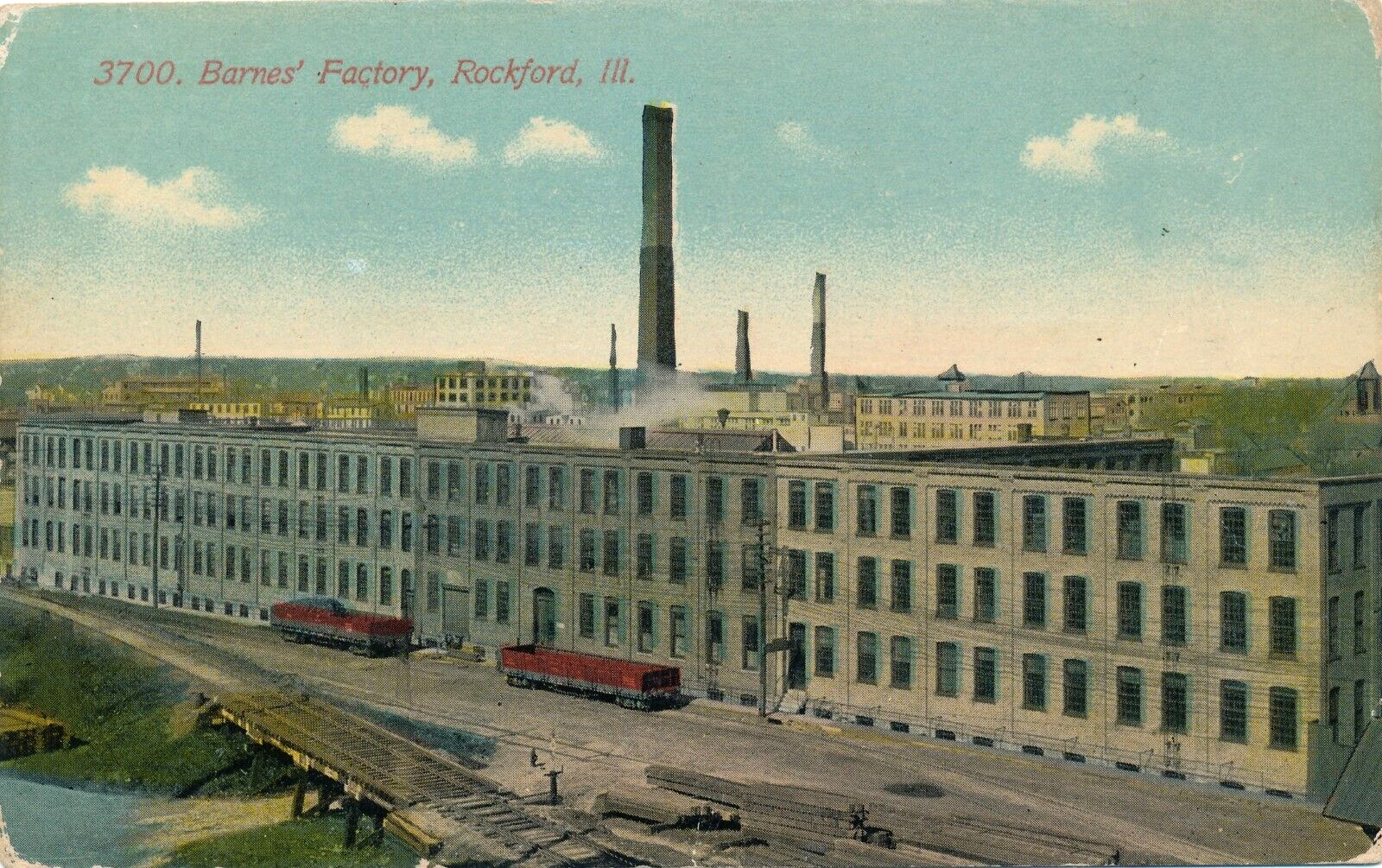 Barnes' Factory in Rockford, Illinois c.1910 with railroad antique postcard