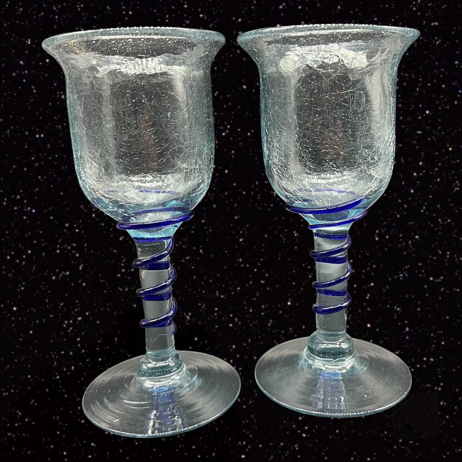 Hand Blown Glass Goblet Wine Water Set Applied Cobalt Swirl Crackle Glass 7.5”T