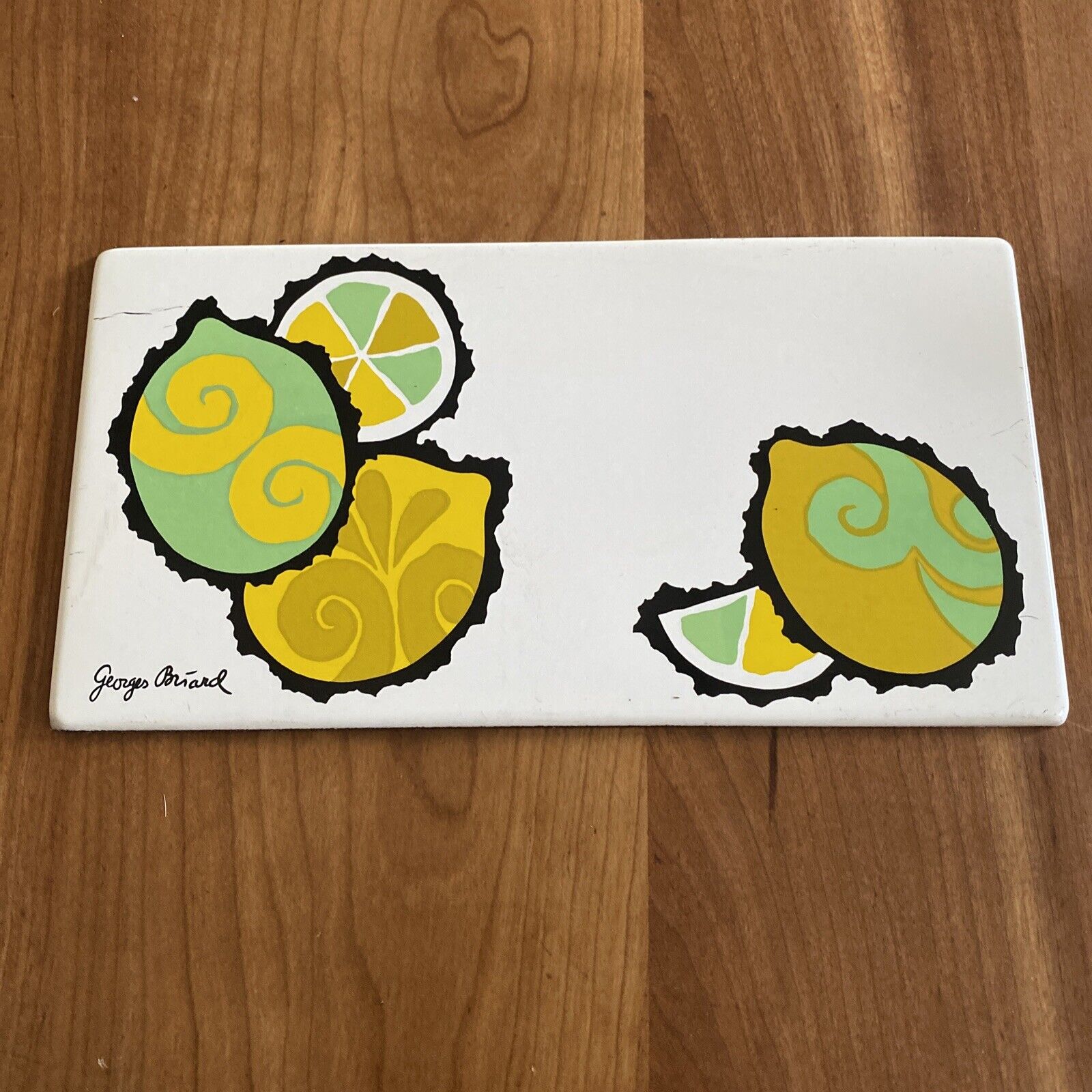 Mid-Century Georges Briard Green Lemons Enamel Metal Tile Trivet / Coasters