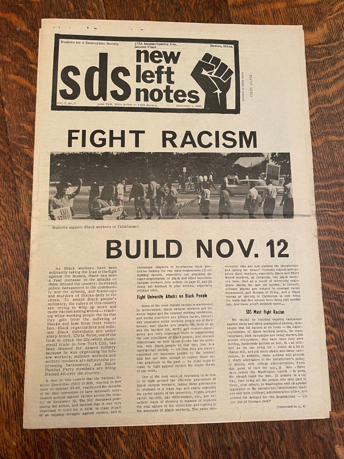 SDS New Left Notes Newspaper November 1969 Fight Racism Underground Revolution