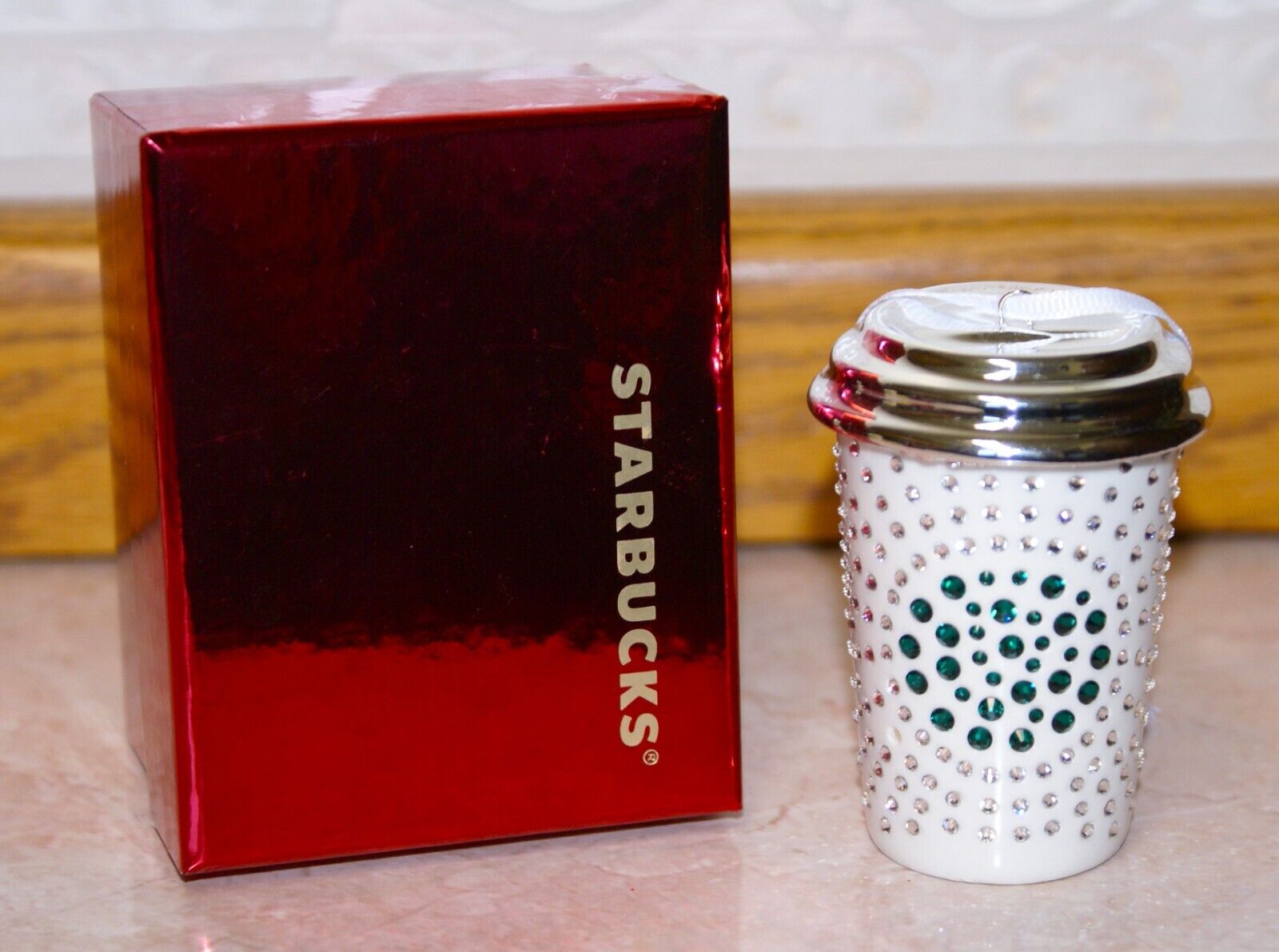 2014 Starbucks Swarovski Crystal Ceramic Ornament, Coffee Cup Limited Edition