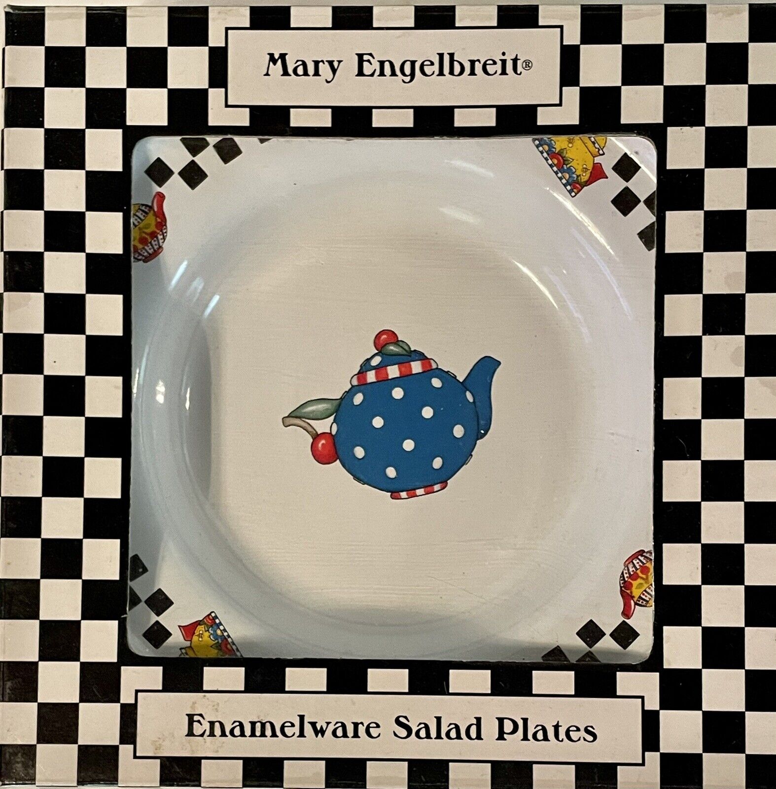 Mary Engelbright enamelware salad plates - teapot NEW