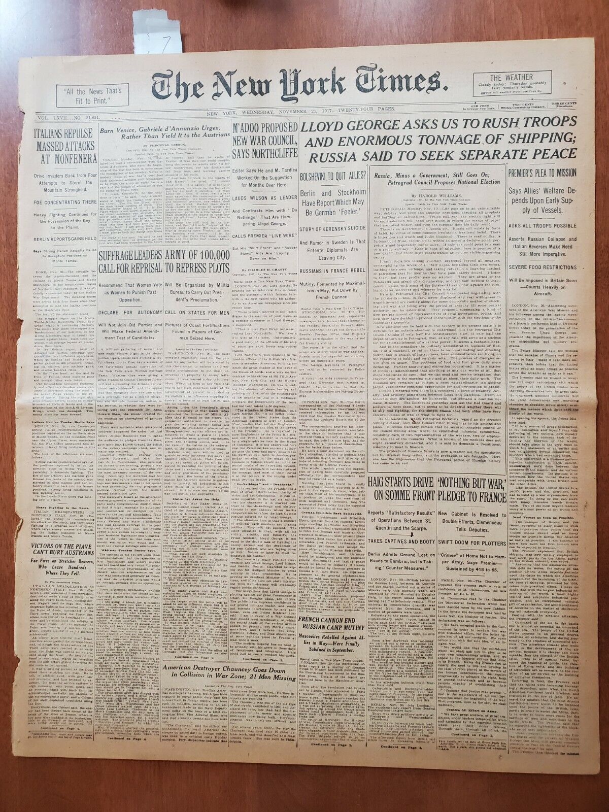 1917 NOVEMBER 21 NEW YORK TIMES - SUFFRAGE LEADERS CALL FOR REPRISAL - NT 8081
