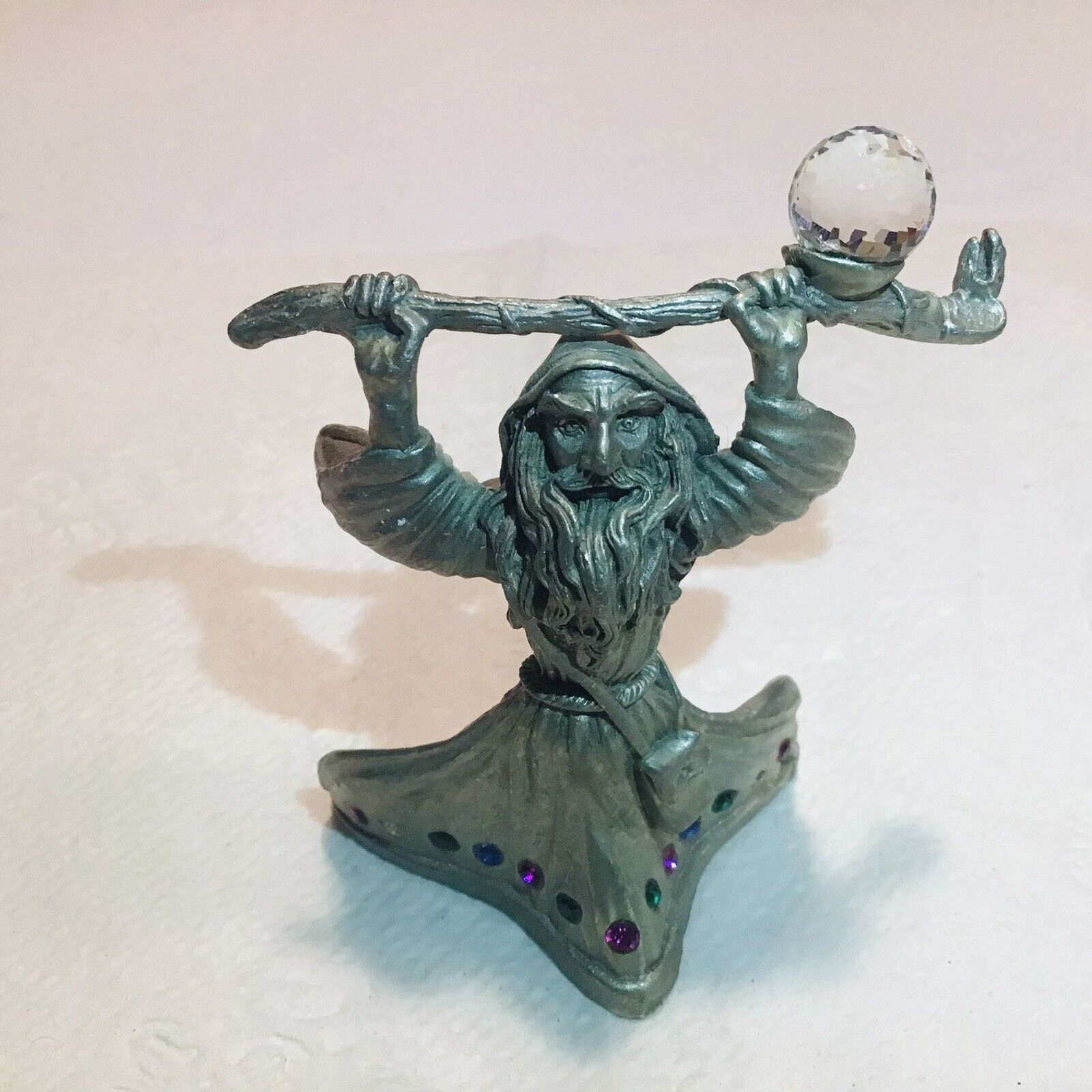 Vtg Spoontiques Wizard Staff Swarovski Crystal Pewter Figurine 1987 CMR589