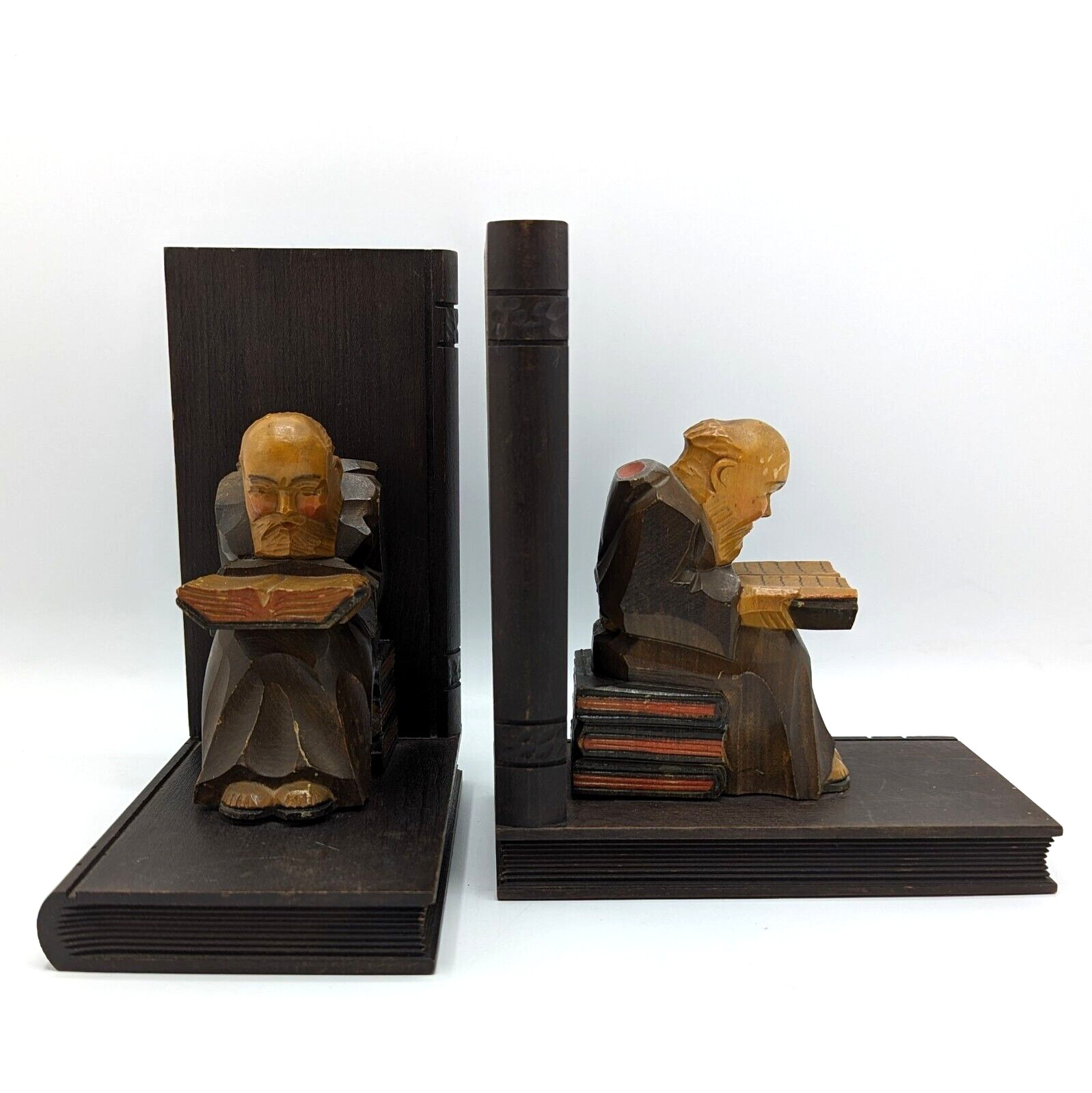 Pair of Carved Wood Bookends Seated Man Monk Friar Reading Felt Base