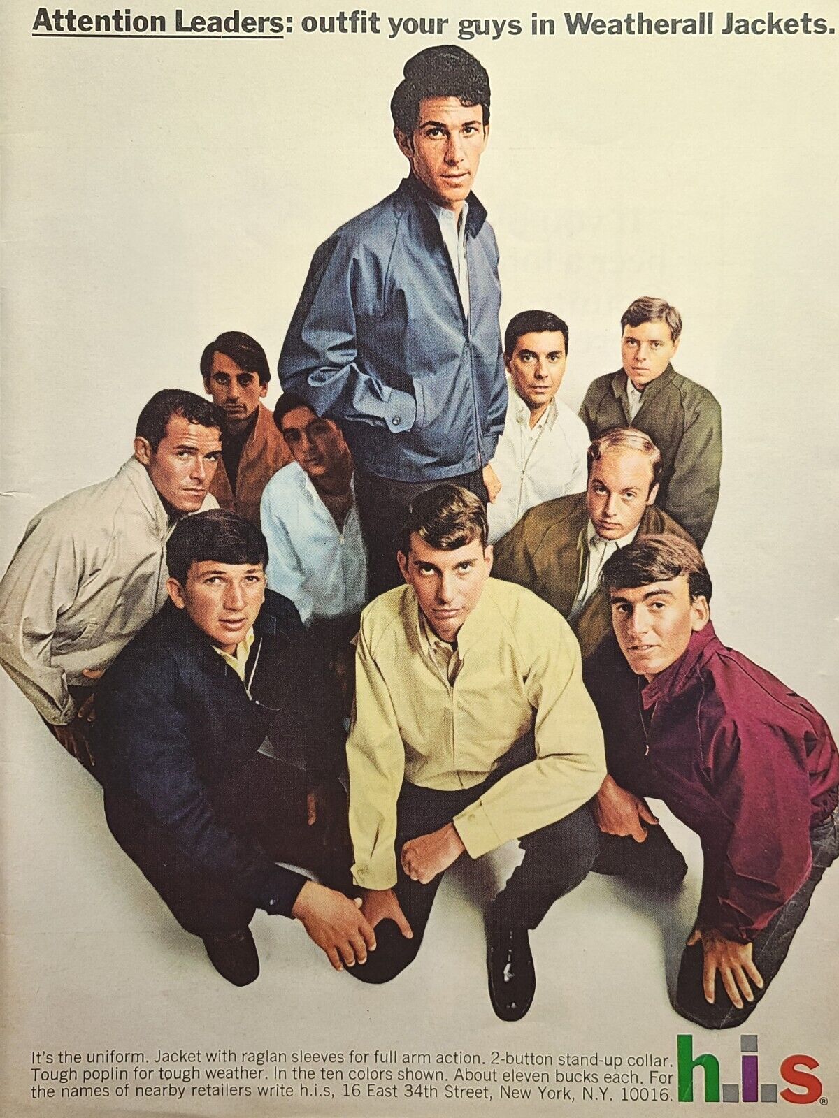 h.i.s. Jacket Raglan Sleeves Ten Colors  Eleven Dollars Vintage Print Ad 1967
