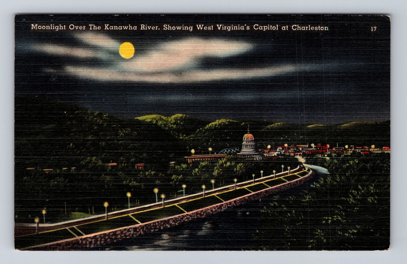 Charleston WV-West Virginia, Moonlight Over Kanawha River, Vintage Postcard
