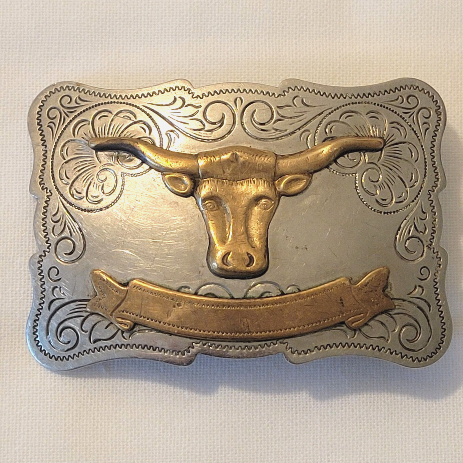 VTG Texas Longhorn Belt Buckle Western 2 Tone Handmade Engraved Design