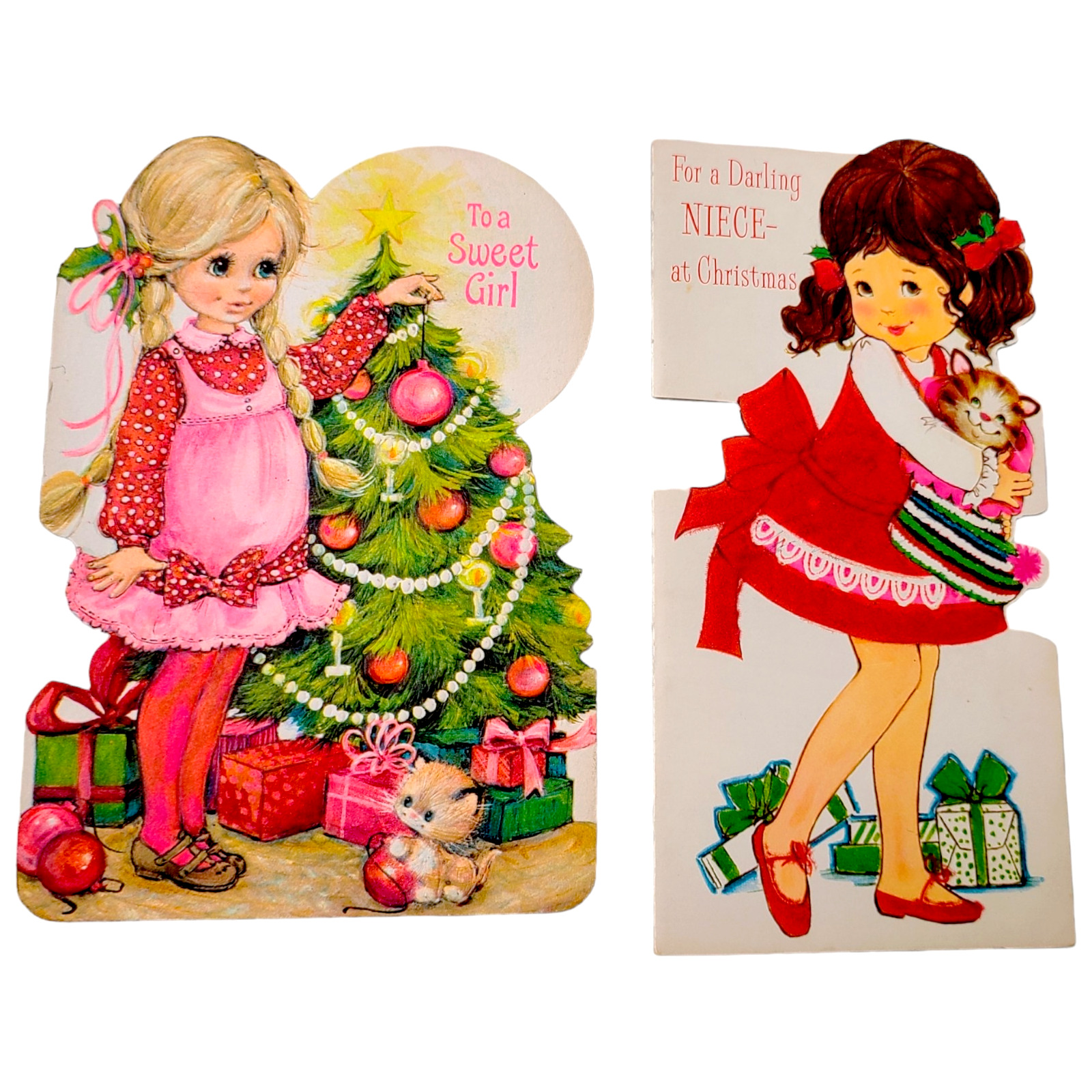 2 Vintage Pretty Girl Lady Cat Christmas Greeting Card LOT 60s 70s Cute Sweet