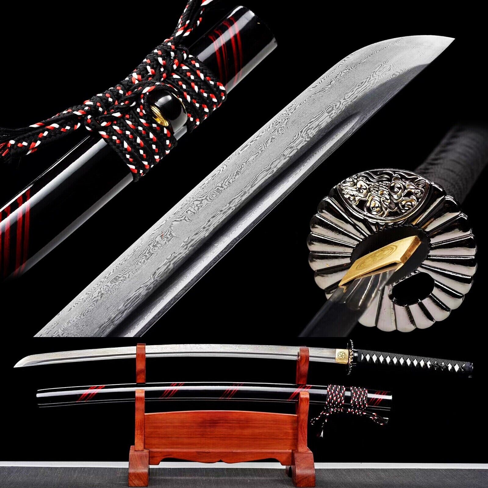 Black&Red Damascus Folded 1095 Steel Katana Battle Ready Japanese Samurai Sword