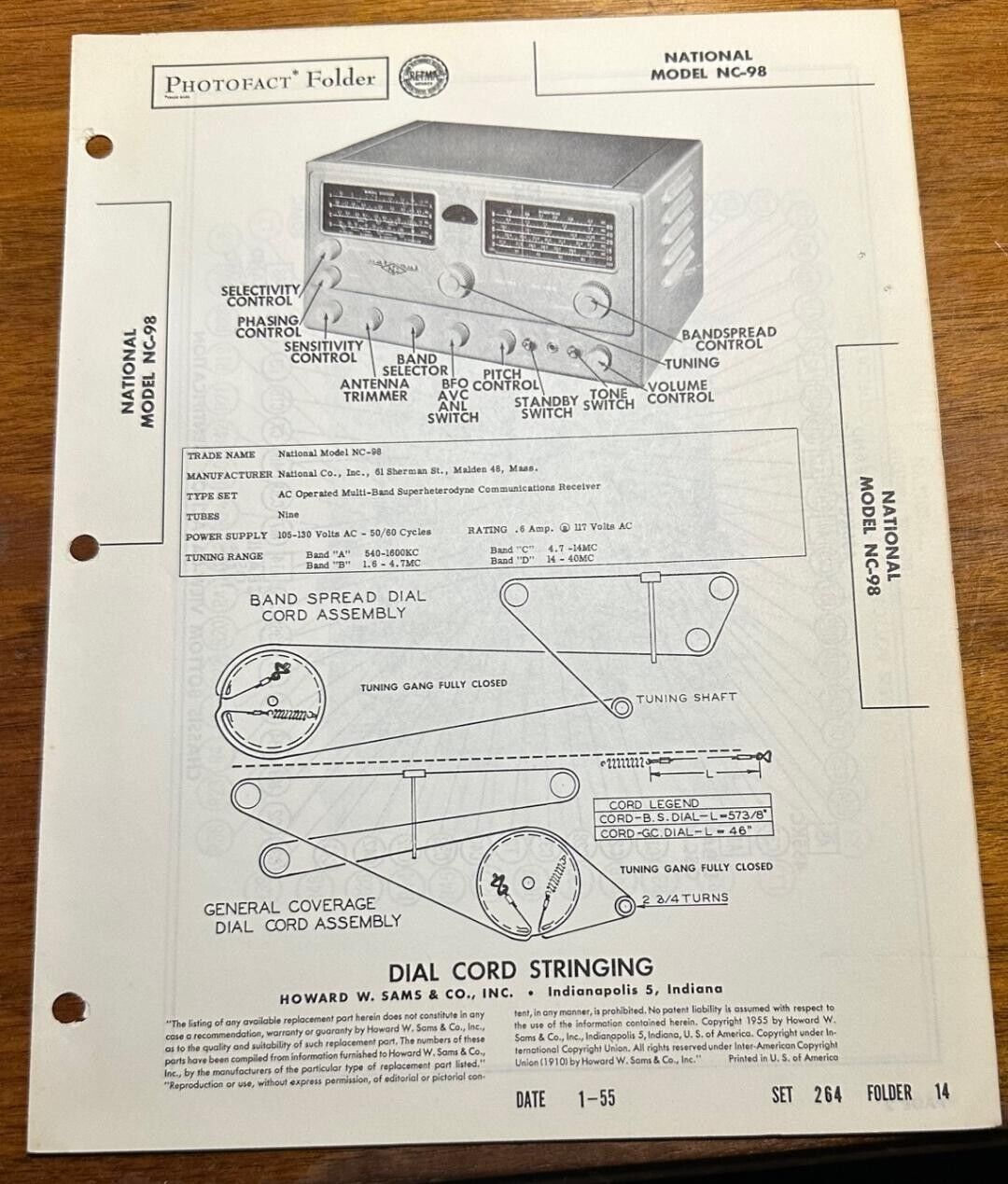 1955 National NC-98 Radio Photofact Service Manual Foldout Folder