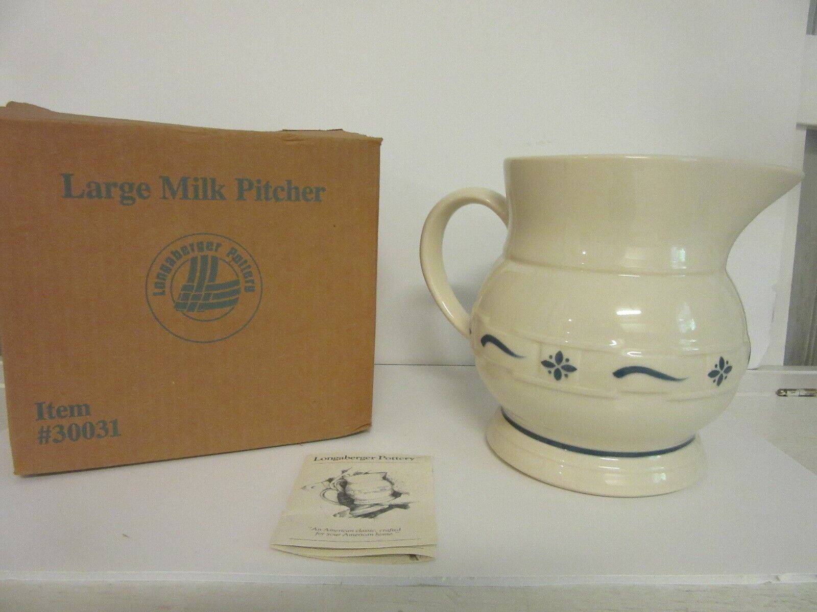 Longaberger Pottery Milk Pitcher Classic Blue Made in Rossville