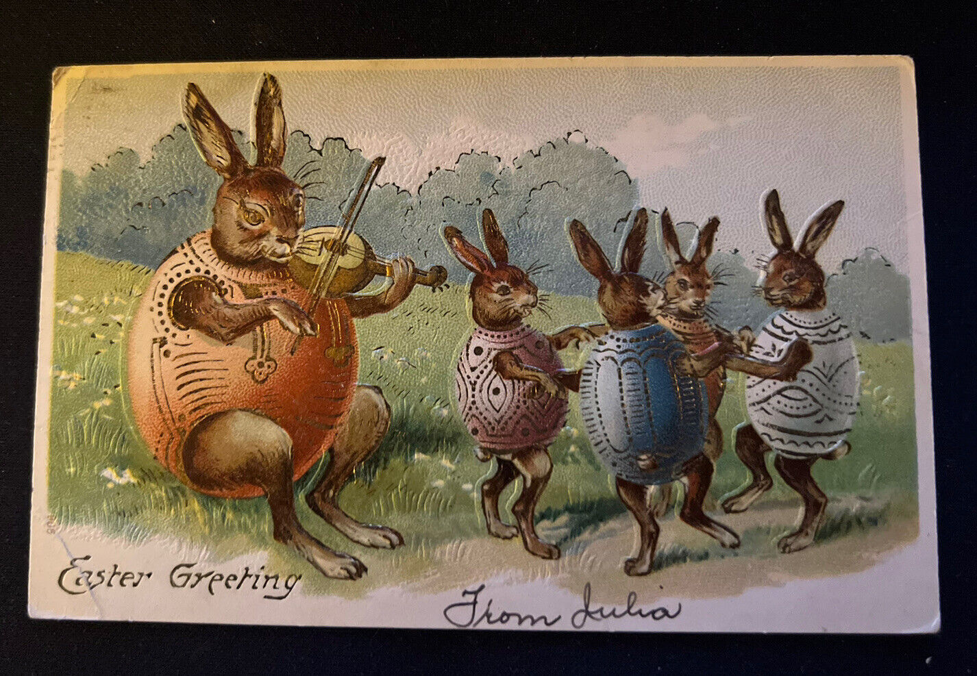 Easter Fantasy Postcard~Bunny Rabbits in Eggshells~Playing Music~Dancing~b995