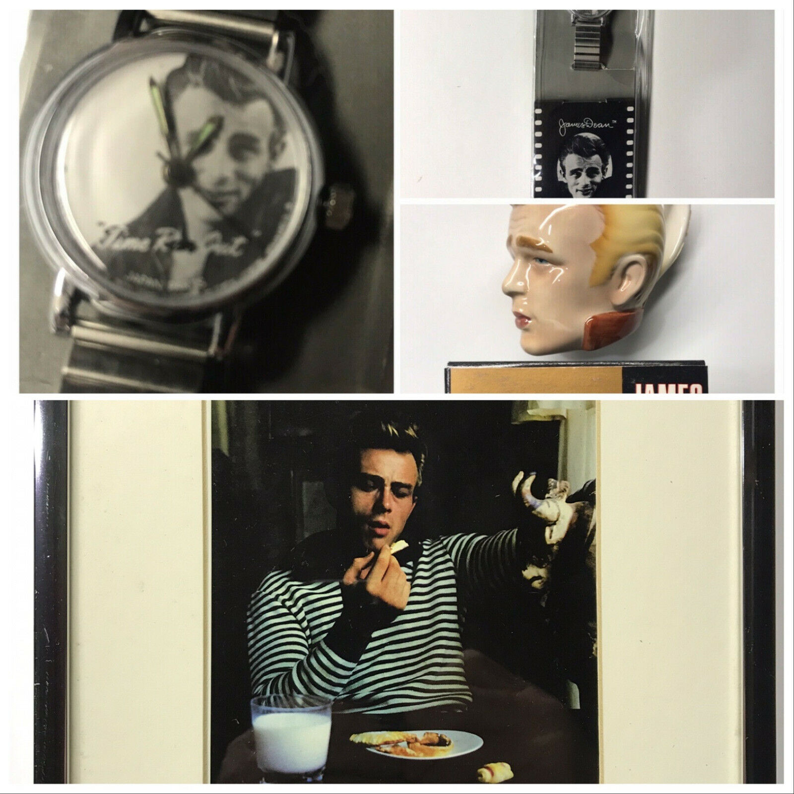 Vintage 1987 James Dean Watch Memories NIP & 1988 Face Mugs (2) by Clay Art NIB