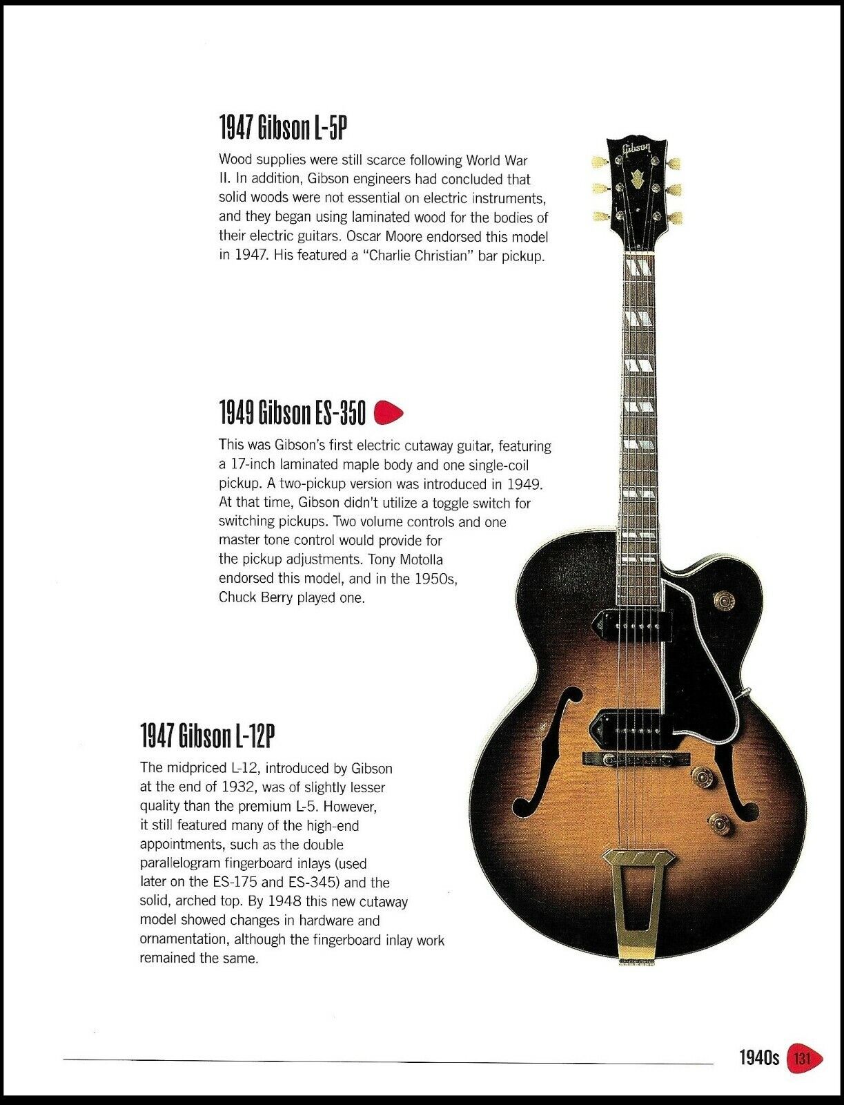 1949 Gibson ES-350 electric vintage guitar history article + 1940 Gibson L-7 ED