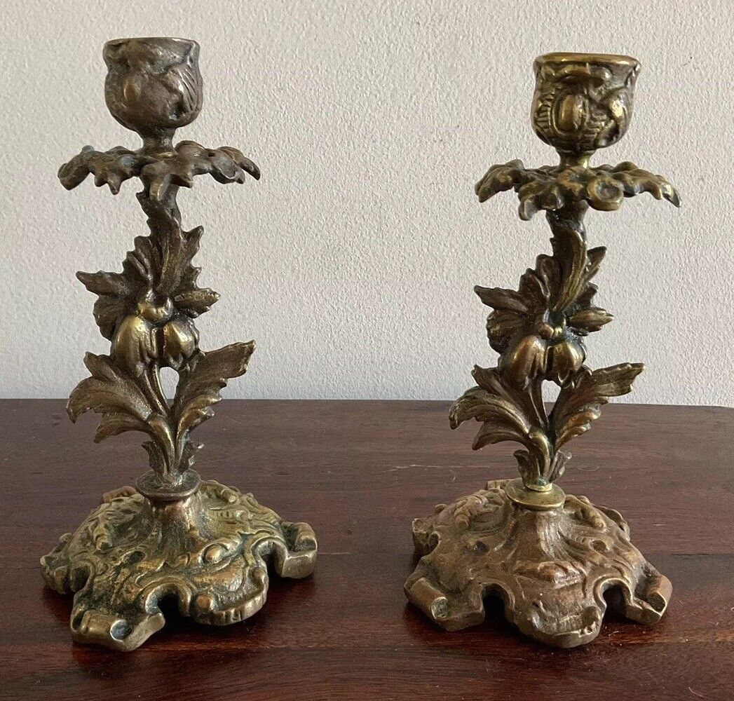 Gorgeous Pair Of Vintage /antique Ornate Brass Candlesticks- Made In Italy