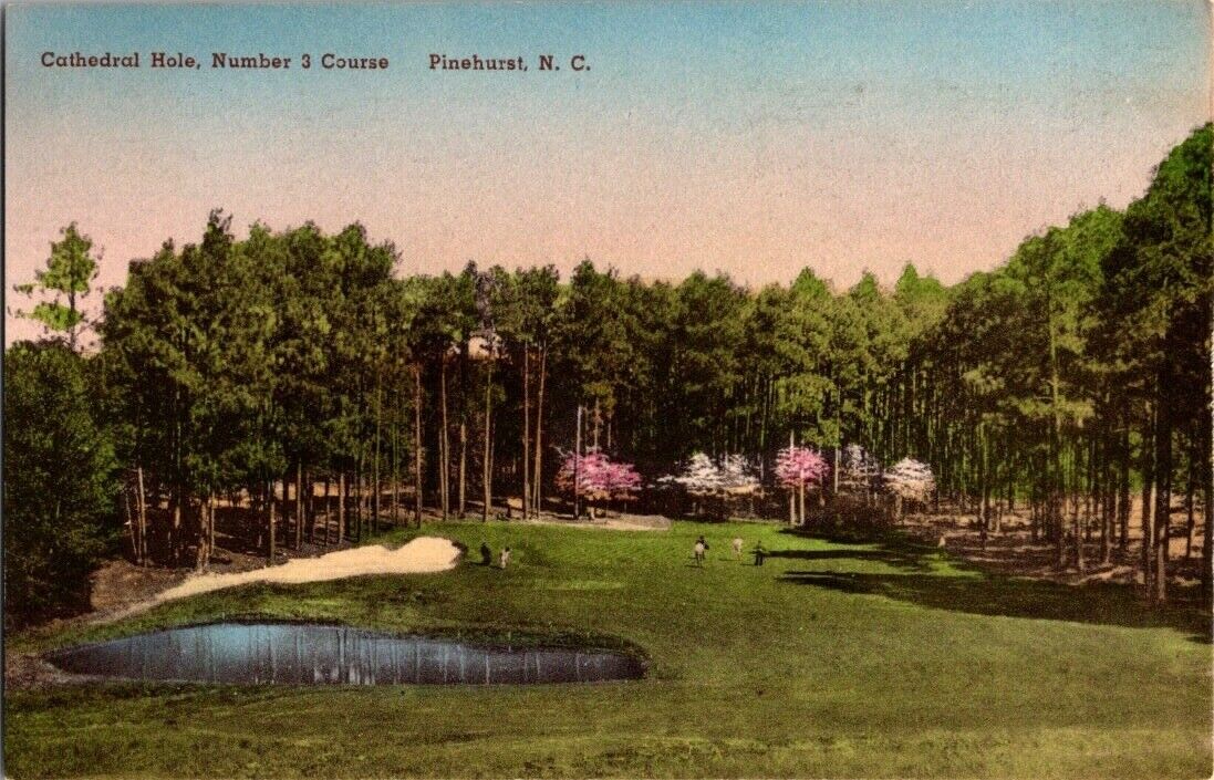 Vintage Pinehurst NC Golf Cathedral Hole Number 3 Course Hand Colored Postcard