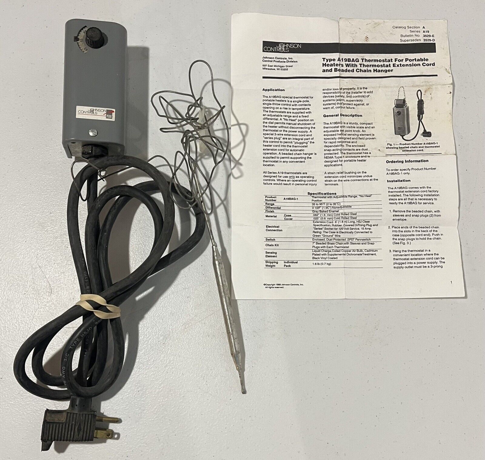 Johnson Controls Thermostat for Portable Heater Type A19BAG