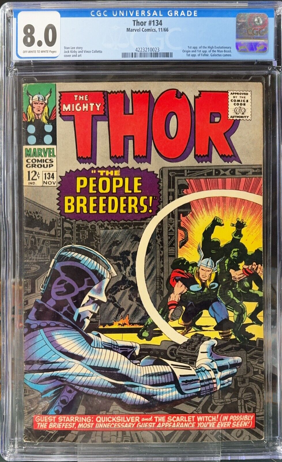 Thor #134 (1966) CGC 8.0 OWW KEY 1st App. High Evolutionary, Man Beast, Etc.