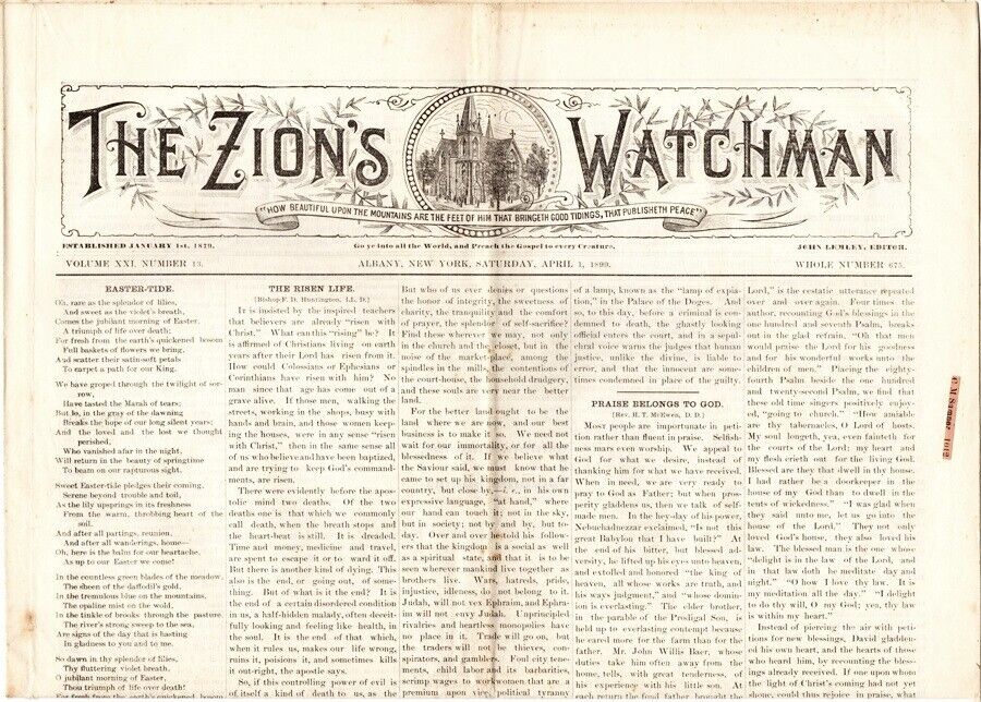 8 Issues Mostly 1899, The Zion's Watchman Broadsheet Gospel Paper, Albany, NY