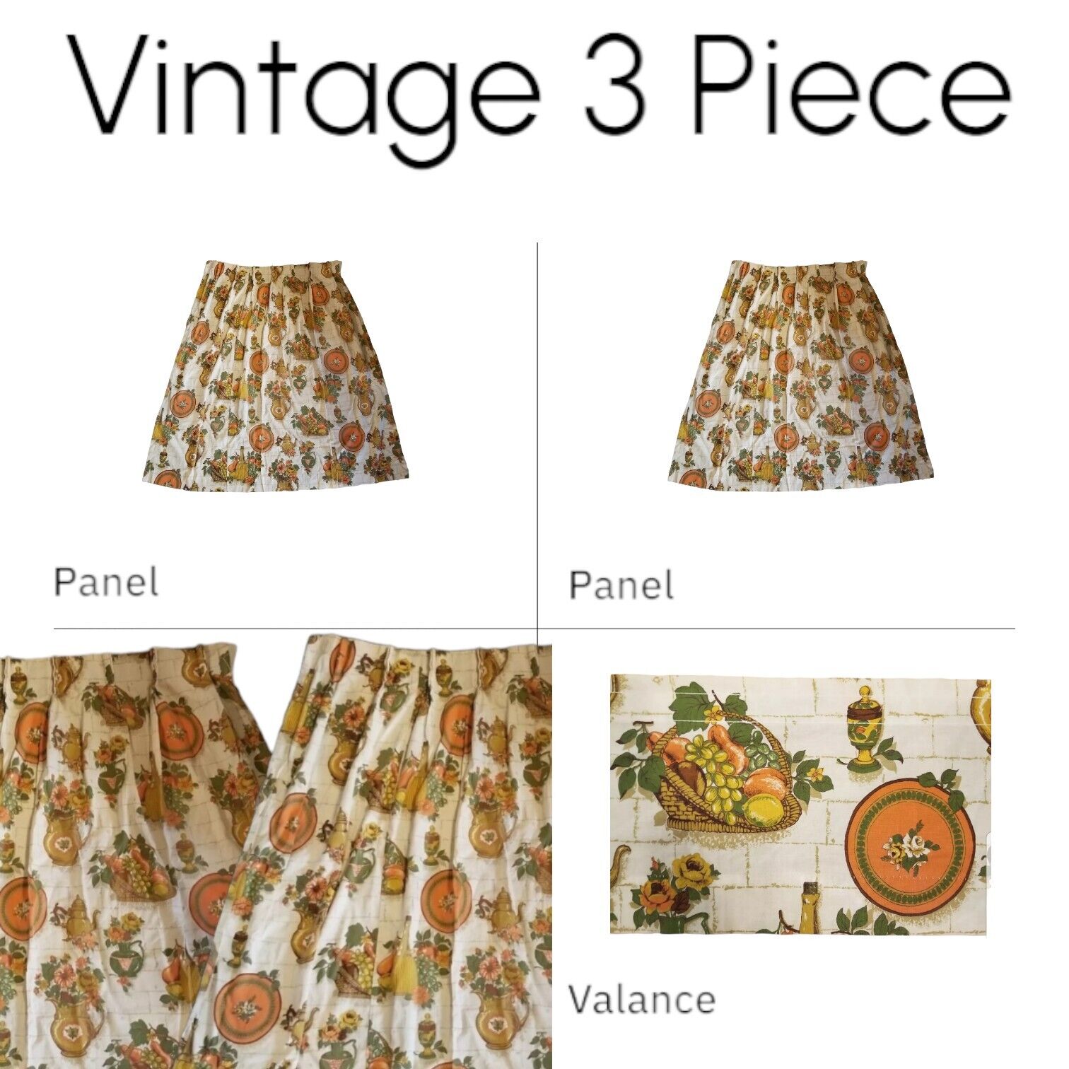 3 Vintage Pieces 2 Curtain Panels / 1 Valance Cottage Kitchen Print Floral 70s
