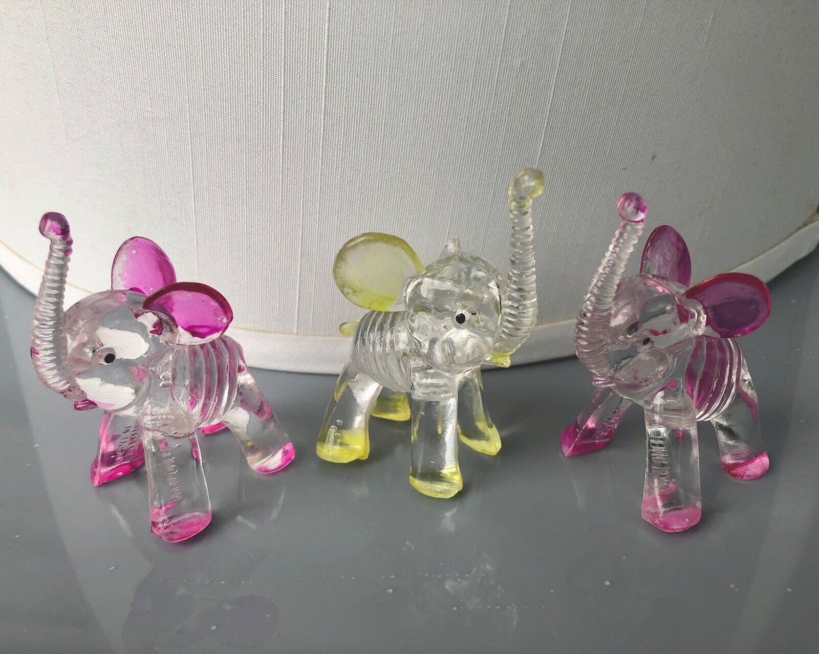 Vintage Elephants Figures Lucite Acrylic Hong Kong Clear Pink , Yellow, Set of 3