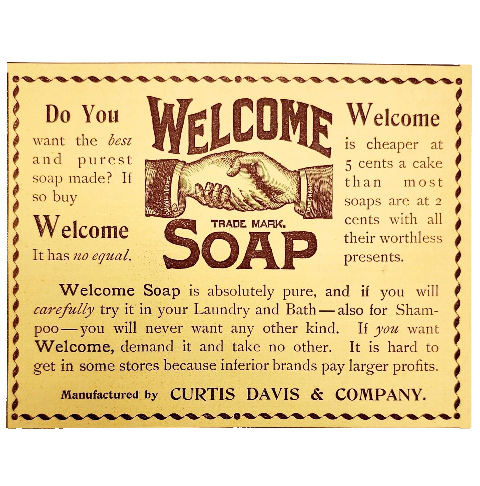 Welcome Soap Handshake 1897 Advertisement Victorian Cleaner Detergent ADBN1qqq