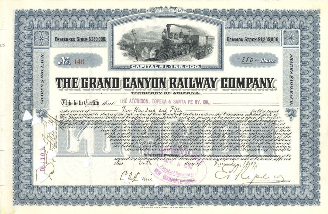 Grand Canyon Railway Co. - 1907 dated Railway Stock Certificate - Branch Line of